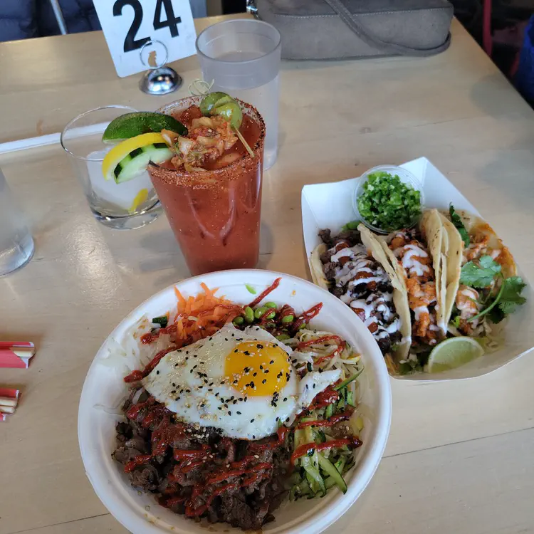 Korean tacos and bibimbap. Kimchi bloody Caesar.