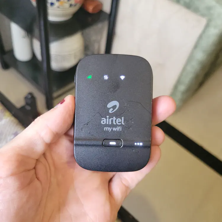 This pocket device connects to the cellular network. It provides a WiFi access point, a local network (LAN), and access to the internet.