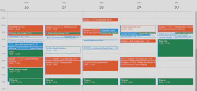 Screenshot of my calendar with color coding for internal meetings (blue), external meetings (orange), and deep work (green).