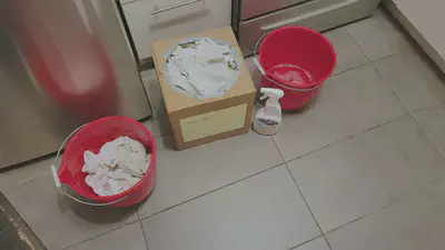 Preparing to clean a dirty area. A bucket with general-purpose cleaner diluted in warm water, an empty bucket for dirty rags, and a box of clean rags.