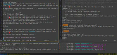 Screenshot of a terminal, multiplexed with tmux, with open panes for editing a Pelican article and a template file.