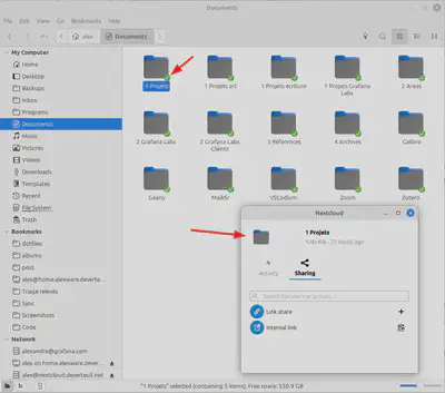 Nemo file manager with Nextcloud integration. A green checkmark represents the sync status. The "Nextcloud Share" dialog is open for the selected folder.