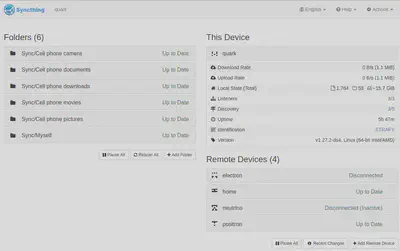Screenshot of Syncthing UI. I use Syncthing to synchronize files between my phone and my workstations.