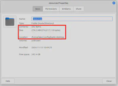Properties of my Joplin 'resources' directory.