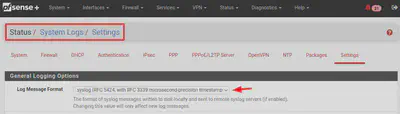 Screenshot of pfSense logs settings.