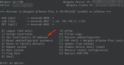 Using the serial console to configure the IP address on the Netgate pfSense.